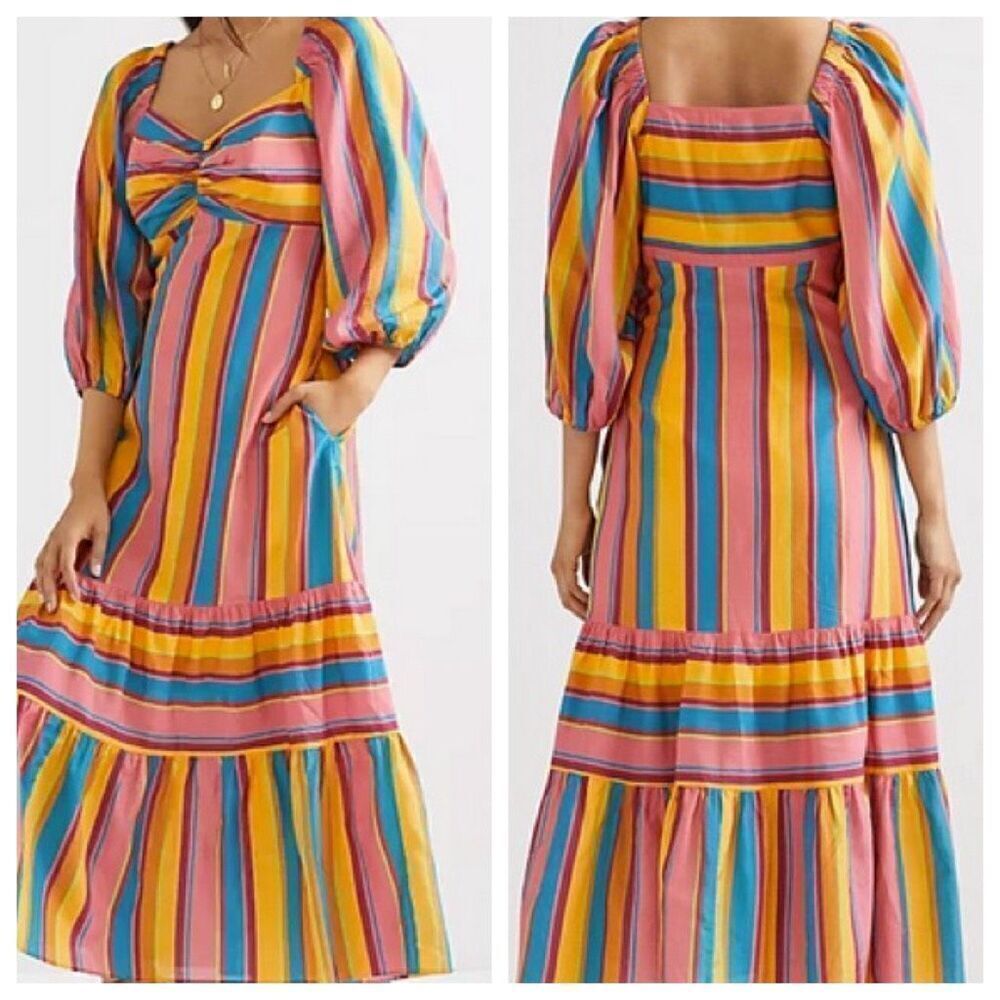 Anthropologie Farm Rio‎ Rainbow Stripe Tiered MIDI Dress Multi Small